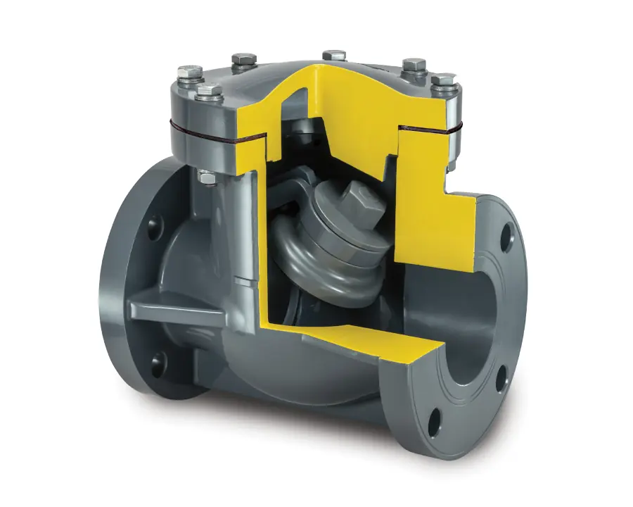 Chemline SW Series PVC Swing Check Valve – corrosion-resistant thermoplastic valve for reliable backflow prevention in industrial piping systems.